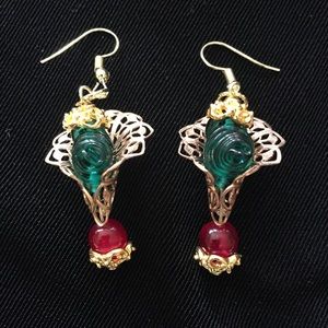 Czech Green Glass Red Cat Eye Pierced Earrings